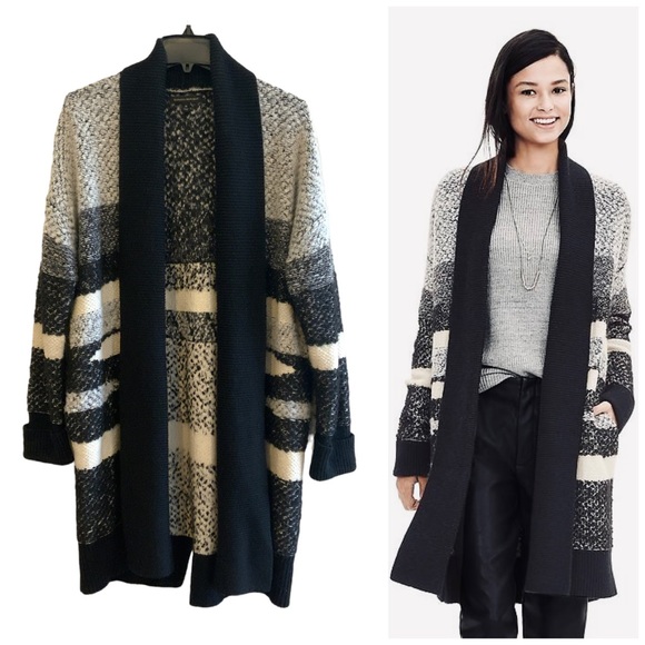 Banana Republic Landscape Long Black Grey Cream Open Front Cardigan Size Medium - Picture 1 of 15